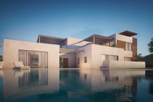 Exterior CGI of a residential building with a pool