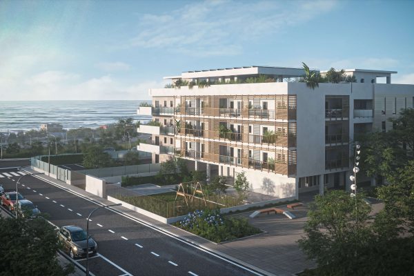 Real estate rendering of a seaside residential development for pre-sale marketing.